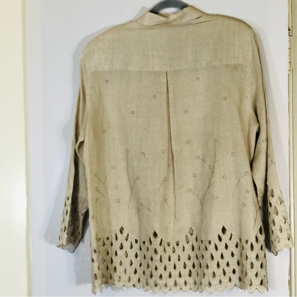 J Song Collection Tunic Top Women’s Size 18 100% Linen Tan Khaki Embroidered - Picture 11 of 14